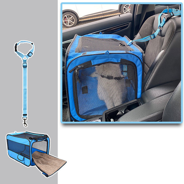 Portable pet carrier with safety zippers, folds for storage.